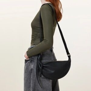 All Saints Black Half Moon Leather Crossbody Bag